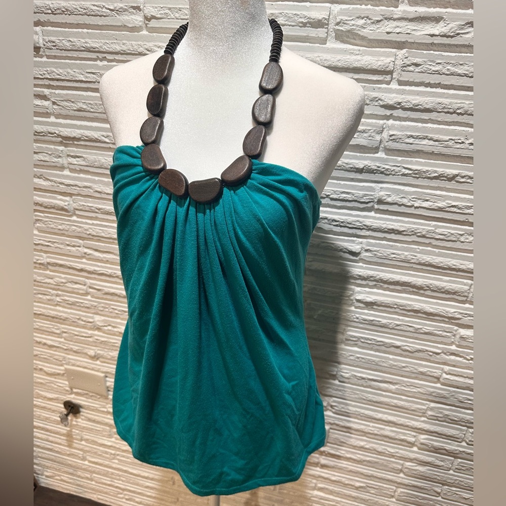 IZ Byer Teal Halter with Wooden Bead Detail, Size L